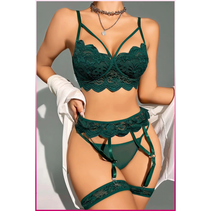 Kadın Yeşil Dantel Detaylı Jartiyer Takım