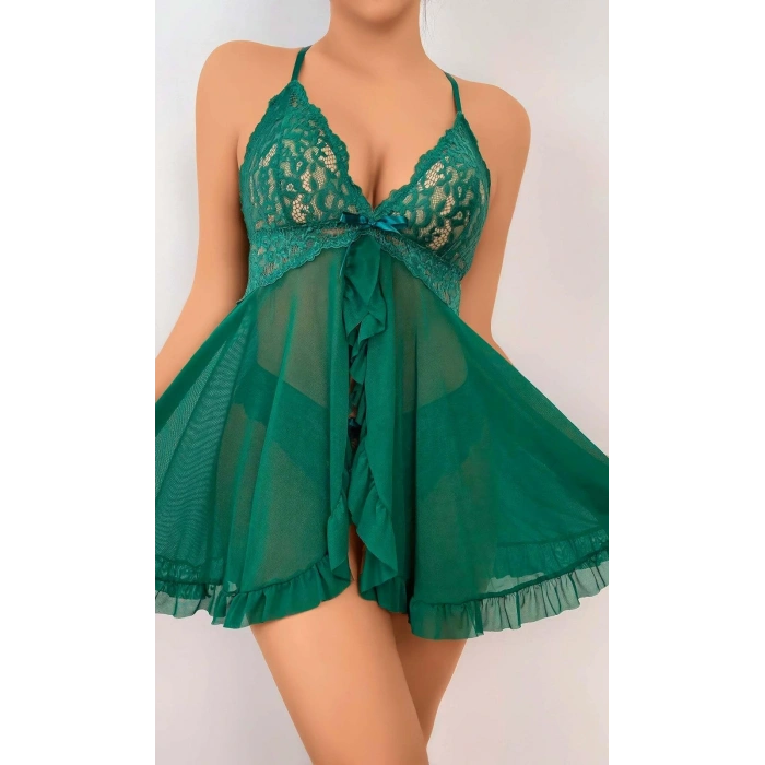 Kadın Yeşil Fantezi Gecelik Tül Önü Açık Fırfırlı Fiyok detaylı 2114