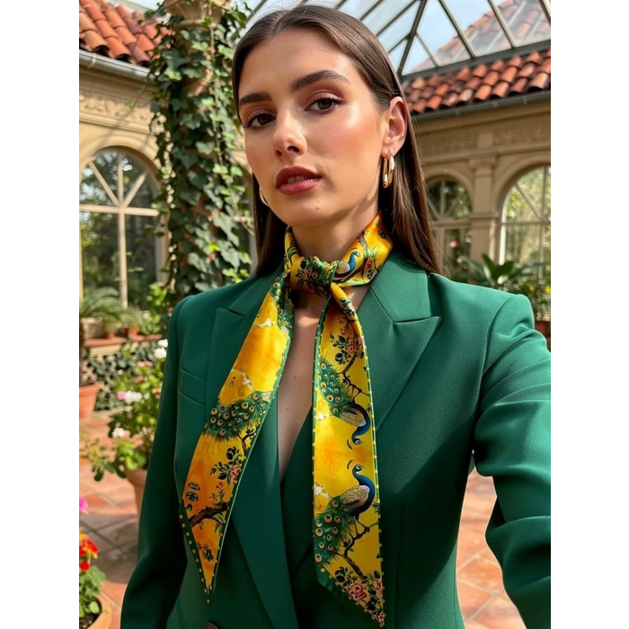 Kadın Yeşil Sarı Renkli Modern Desenli Fular – Blazer, Çanta ve Boyun İçin Uygun –Hediye Alternatifi