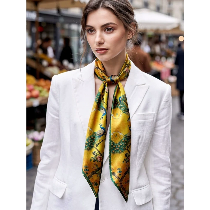 Kadın Yeşil Sarı Renkli Modern Desenli Fular – Blazer, Çanta ve Boyun İçin Uygun –Hediye Alternatifi