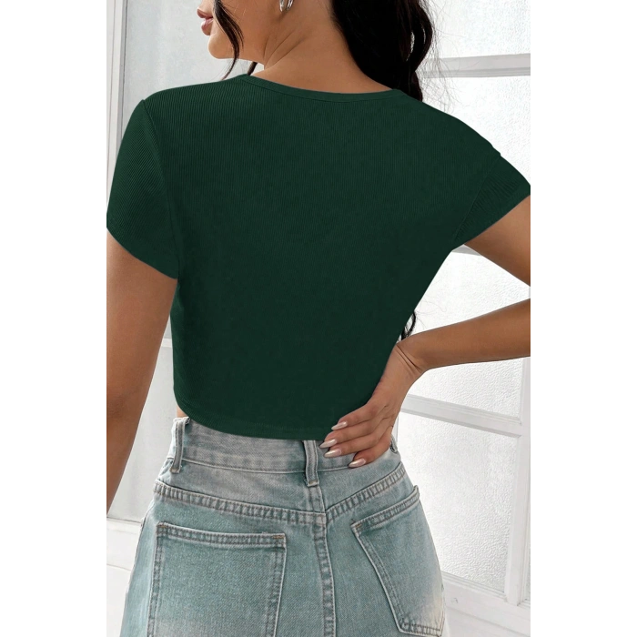 Kadın Yeşil Yarım Kol Düz Yaka Crop Top Bluz