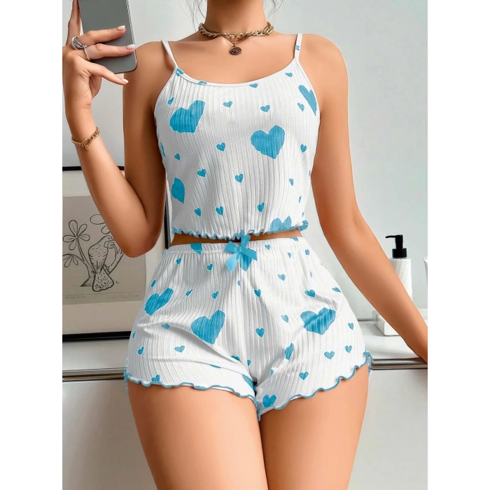 Kadınbeyaz Mavi Kalp Desenli Askılı Şortlu Pijama Takım 6657