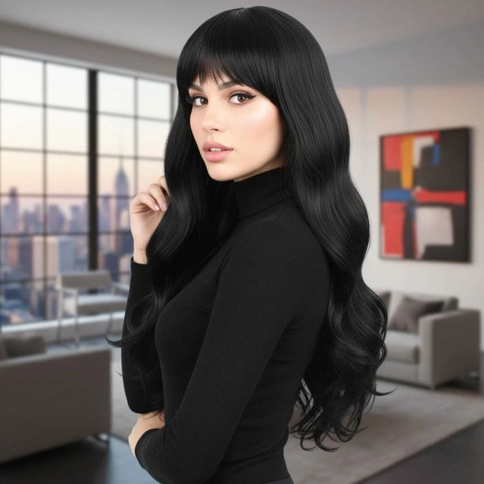 Kahküllü Uzun Dalgalı Fiber Sentetik Peruk - Siyah