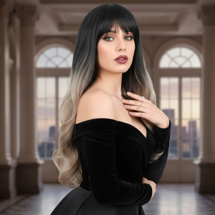 Kahküllü Uzun Dalgalı Fiber Sentetik Peruk - Siyah / Küllü Bebek Sarı  Ombreli