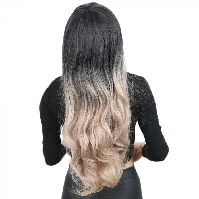 Kahküllü Uzun Dalgalı Fiber Sentetik Peruk - Siyah / Küllü Bebek Sarı  Ombreli