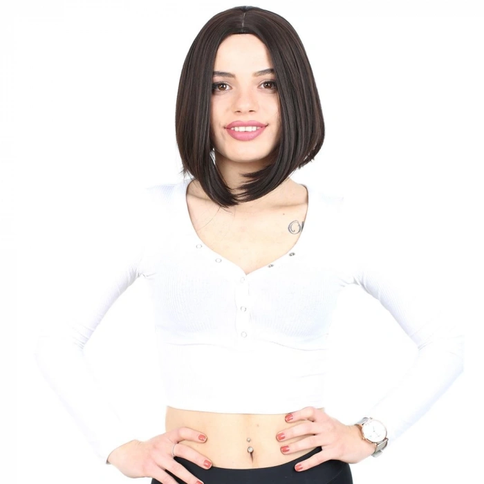 Kahkülsüz Düz Kısa Fiber Sentetik Peruk - Kahverengi