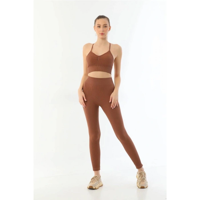 Kahve 3921 Soft Seamless Ripli Tayt Yoga Takımı