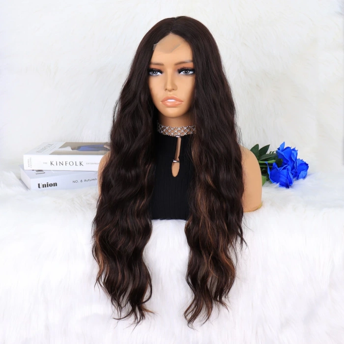 Kahverengi Karamel Işıltılı Su Dalgalı Fiber Sentetik Tül Peruk