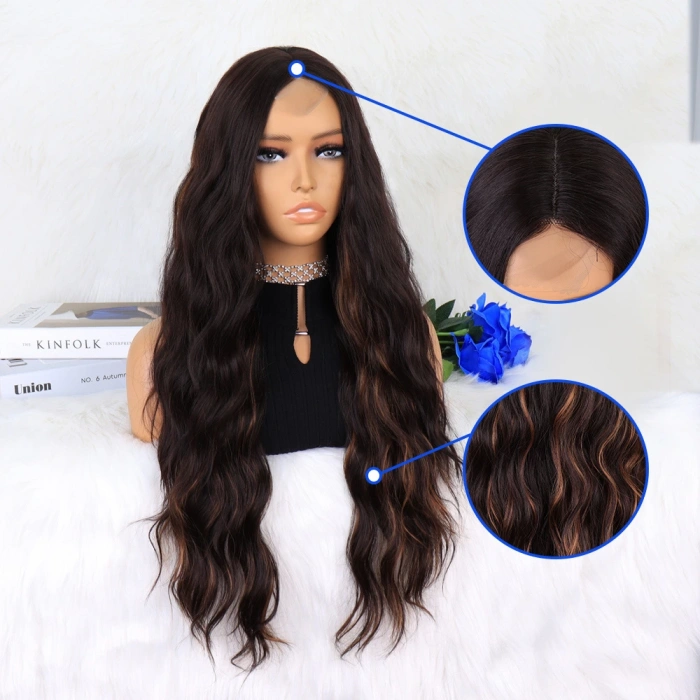 Kahverengi Karamel Işıltılı Su Dalgalı Fiber Sentetik Tül Peruk