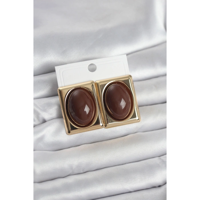 Kahverengi Kare Model Vintage Gold Renk Kadın Küpe - TJ-BKP11674