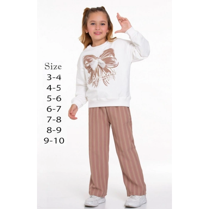 KAHVERENGİ LASTİKLİ PAÇA, PAMUKLU, DESENLİ, MEVSİMLİK, GÜNLÜK, KIZ ÇOCUK  ALT ÜST TAKIM