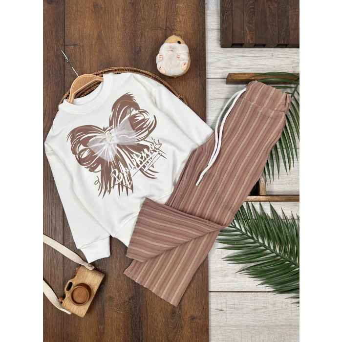 KAHVERENGİ LASTİKLİ PAÇA, PAMUKLU, DESENLİ, MEVSİMLİK, GÜNLÜK, KIZ ÇOCUK  ALT ÜST TAKIM