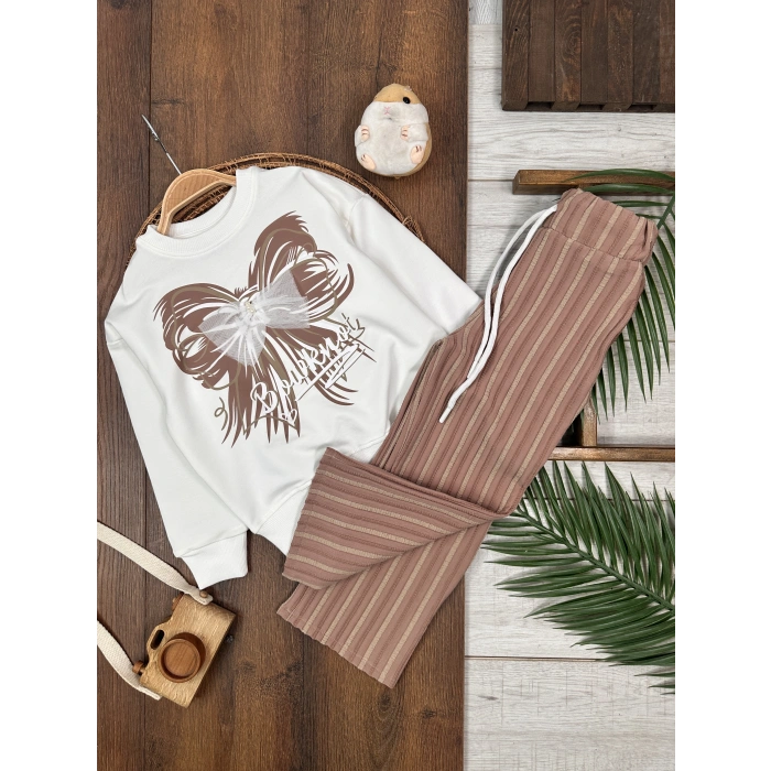 KAHVERENGİ LASTİKLİ PAÇA, PAMUKLU, DESENLİ, MEVSİMLİK, GÜNLÜK, KIZ ÇOCUK  ALT ÜST TAKIM