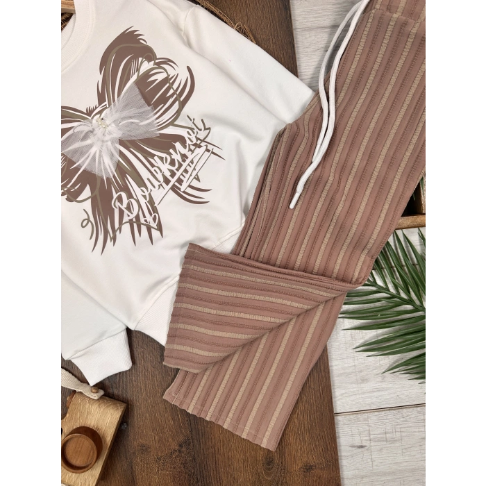 KAHVERENGİ LASTİKLİ PAÇA, PAMUKLU, DESENLİ, MEVSİMLİK, GÜNLÜK, KIZ ÇOCUK  ALT ÜST TAKIM