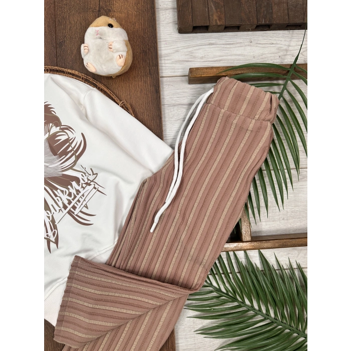 KAHVERENGİ LASTİKLİ PAÇA, PAMUKLU, DESENLİ, MEVSİMLİK, GÜNLÜK, KIZ ÇOCUK  ALT ÜST TAKIM