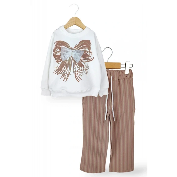 KAHVERENGİ LASTİKLİ PAÇA, PAMUKLU, DESENLİ, MEVSİMLİK, GÜNLÜK, KIZ ÇOCUK  ALT ÜST TAKIM