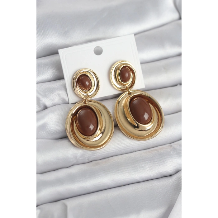 Kahverengi Sallantılı Damla Model Gold Renk Vintage Kadın Küpe - TJ-BKP11671