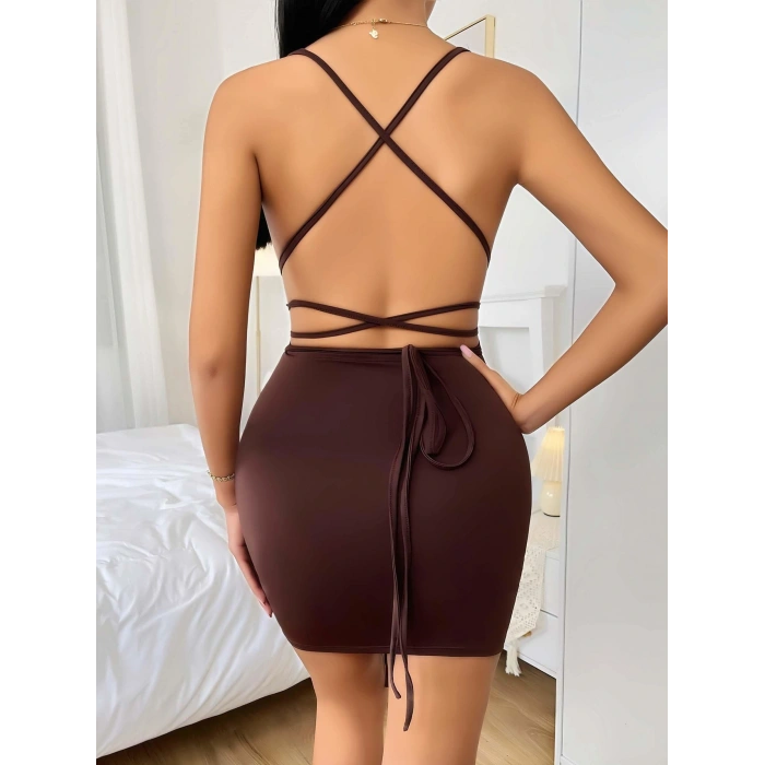 Kahverengi Şık Fantezi Clup Elbisesi 5032