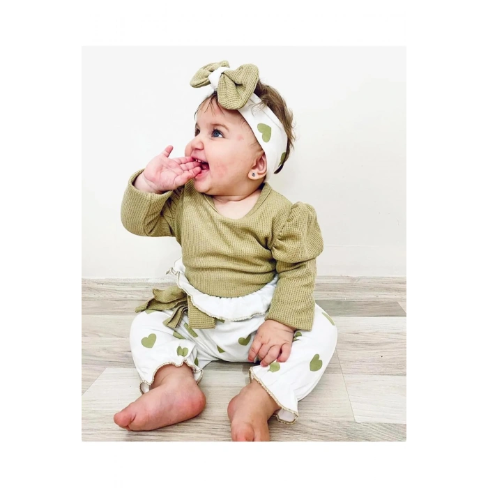 Kalp Baskılı Bandanalı 3Lü Lüx Waffle Kız Bebek Takım