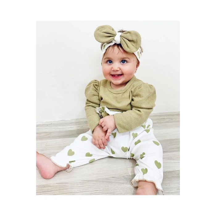 Kalp Baskılı Bandanalı 3Lü Lüx Waffle Kız Bebek Takım