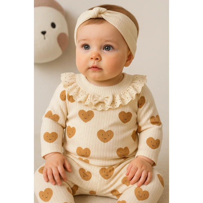 Kalp Baskılı Fisto Yaka 3 Parça Kız Bebek Takımı %100 Pamuk
