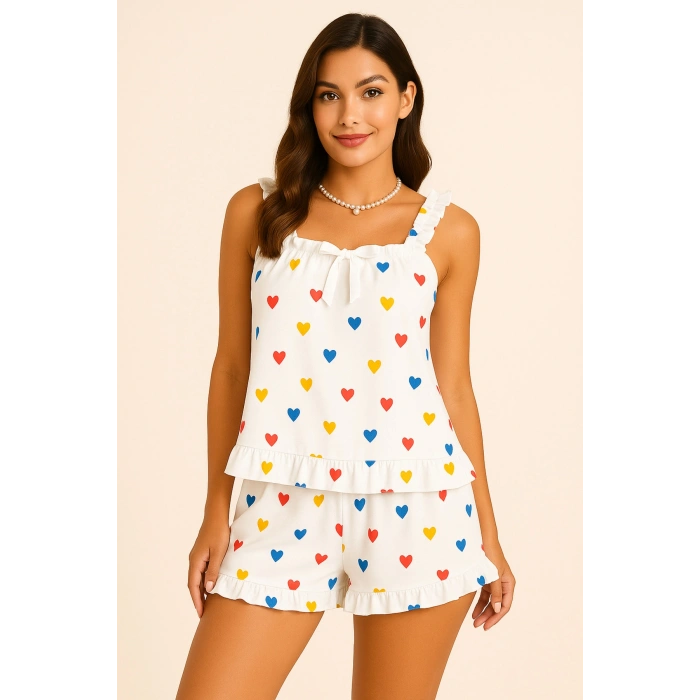 Kalp Baskılı Yumuşak Dokulu İp Askılı Şortlu Örme Pijama Takımı-(17952)