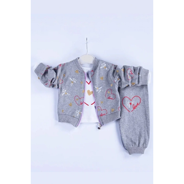 Kalp Desenli Hırkalı Pamuklu 3lü Kız Bebek Takımı