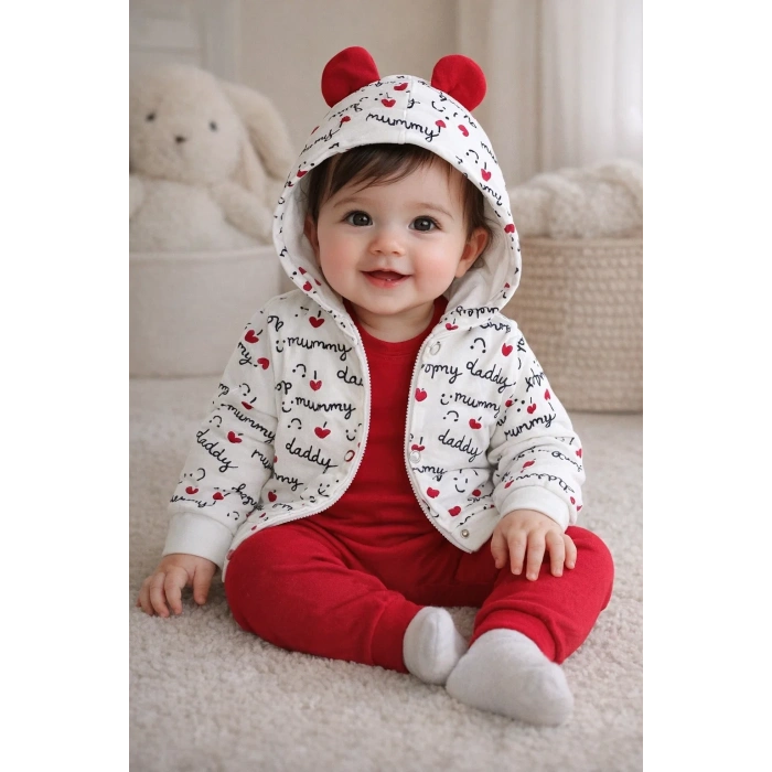 Kalp Desenli Kulaklı 3 Lü Kız Bebek Takımı