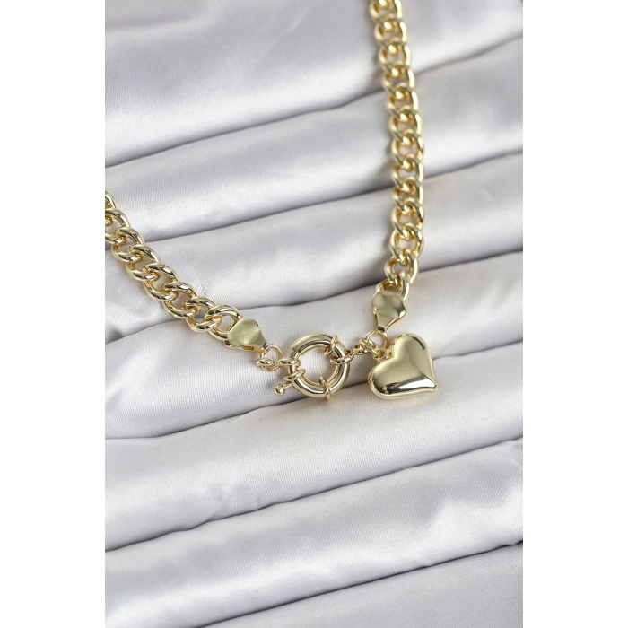 Kalp Detaylı Gold Renk Pirinç Kadın Kolye - TJ-BKO11009