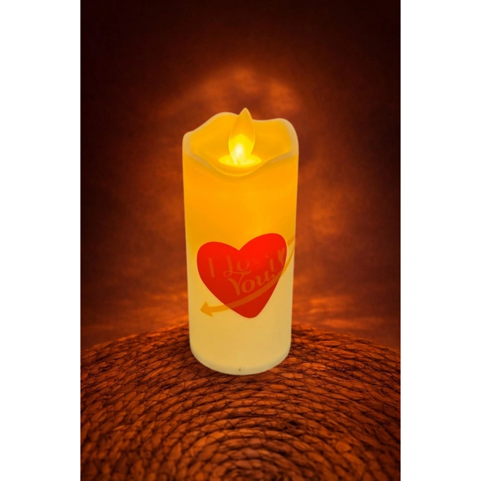 Kalp I Love You Yazılı Işıklı Mum 12 cm