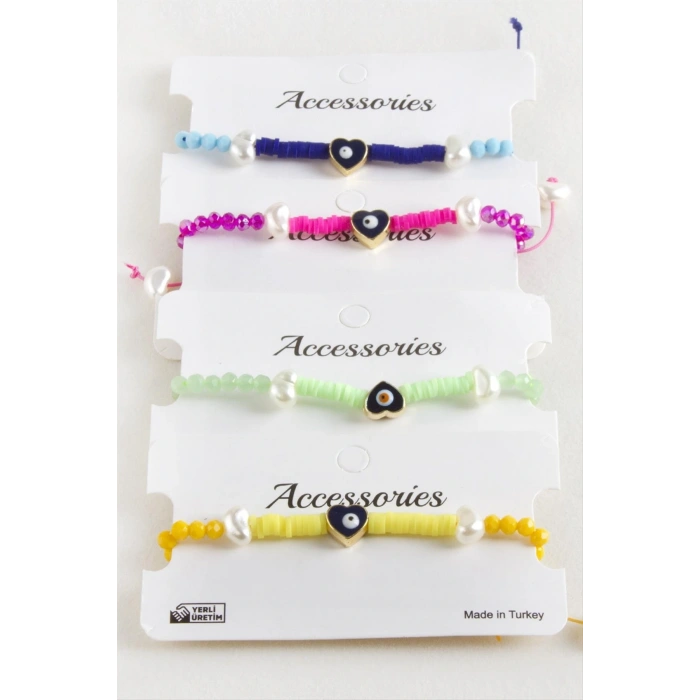 Kalp İnci Fimo Kristal Makrome İp Bileklik