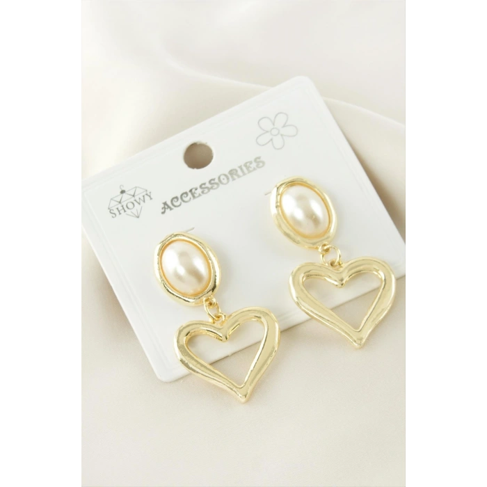 Kalp Metal İnci Küpe