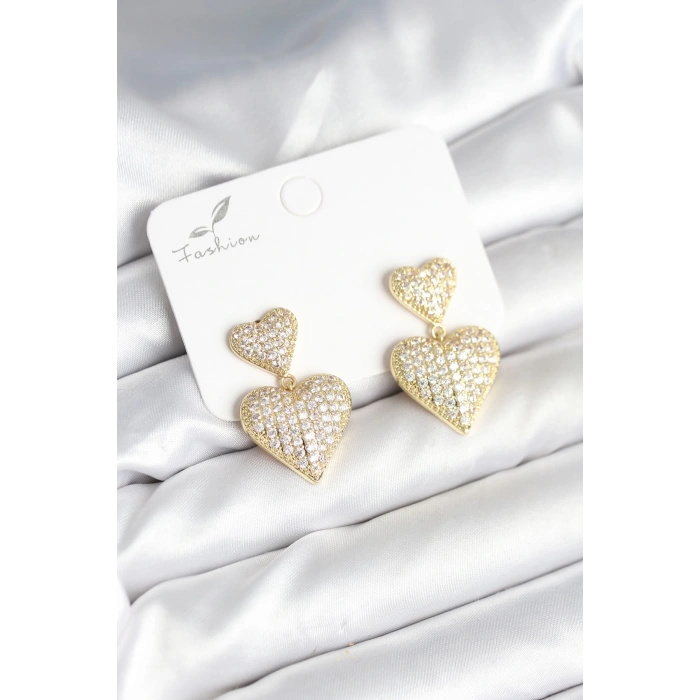 Kalp Model Zirkon Taşlı Gold Renk Pirinç Kadın Küpe - TJ-BKP11290