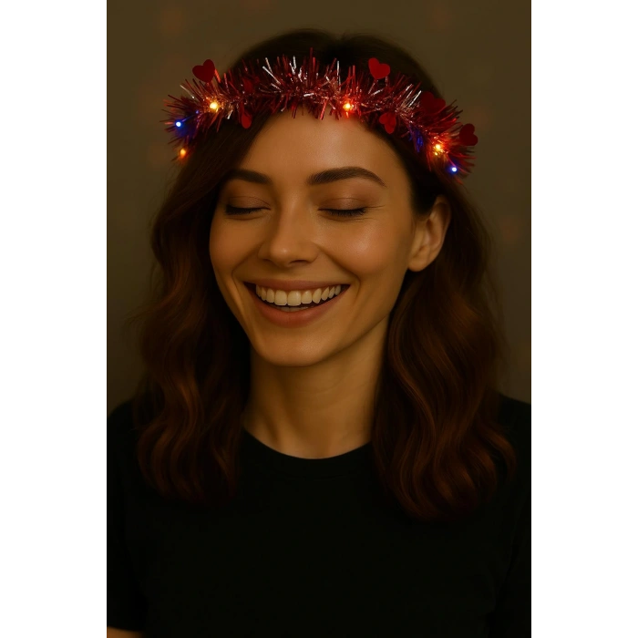 Kalp Püsküllü 3 Modlu LED Işıklı Taç Kırmızı Renk