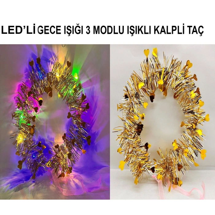 Kalp Püsküllü Gece Parıltısı 3 Modlu LEDli Işıklı Taç Altın Renk