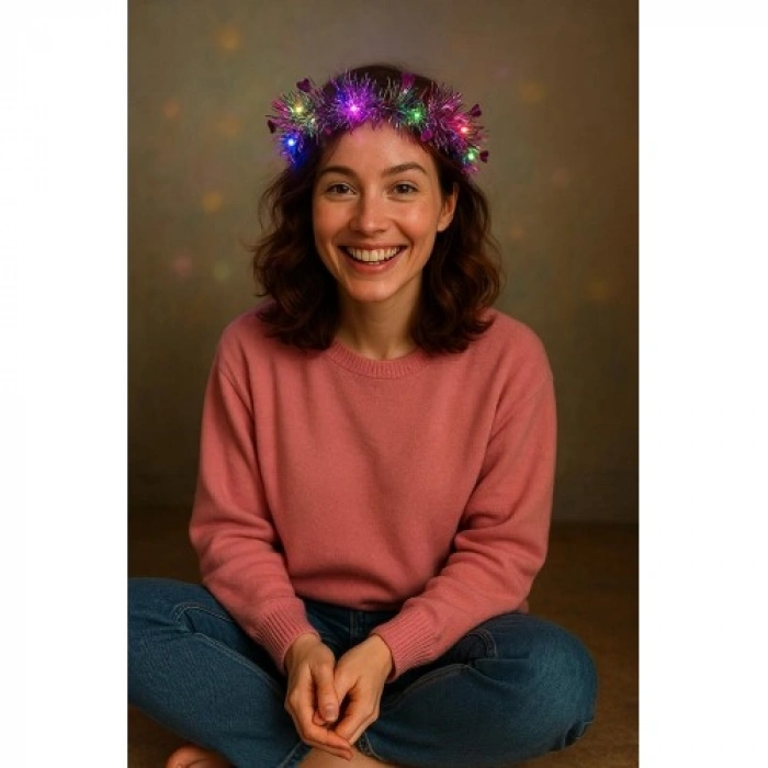 Kalp Püsküllü Gece Parıltısı 3 Modlu LEDli Işıklı Taç Fuşya Renk