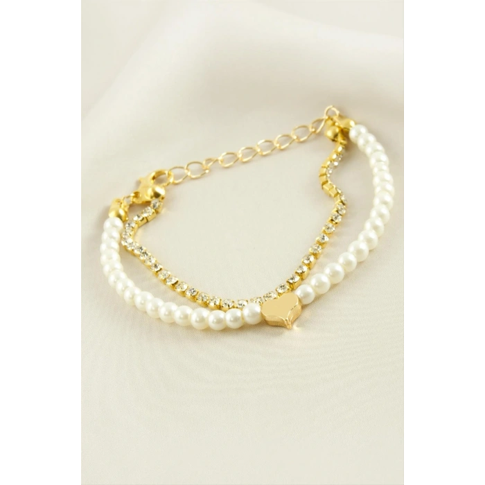 Kalp Şerit Taşlı İnci Bileklik
