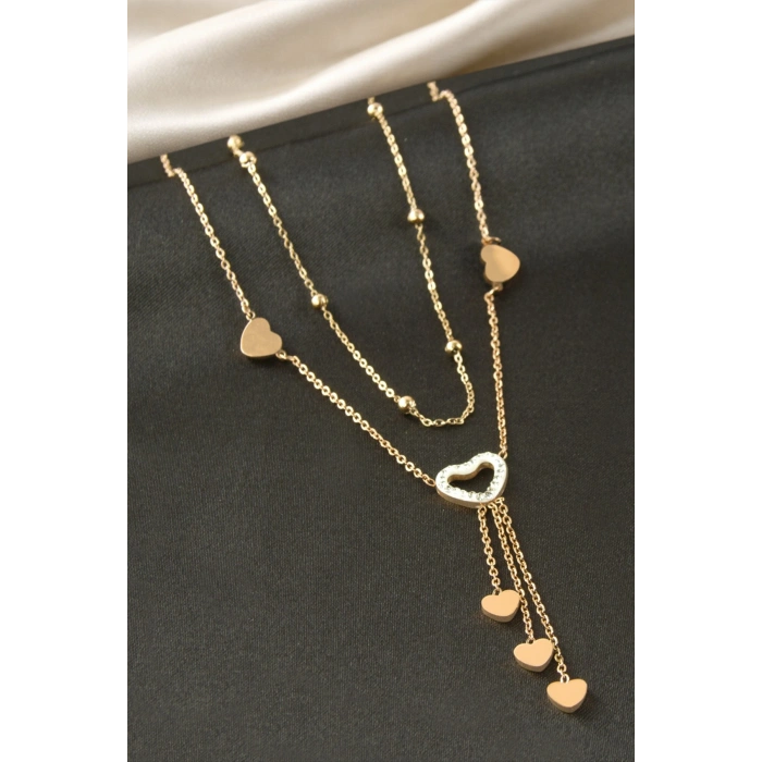 Kalp Taşlı Çelik İkili Kolye