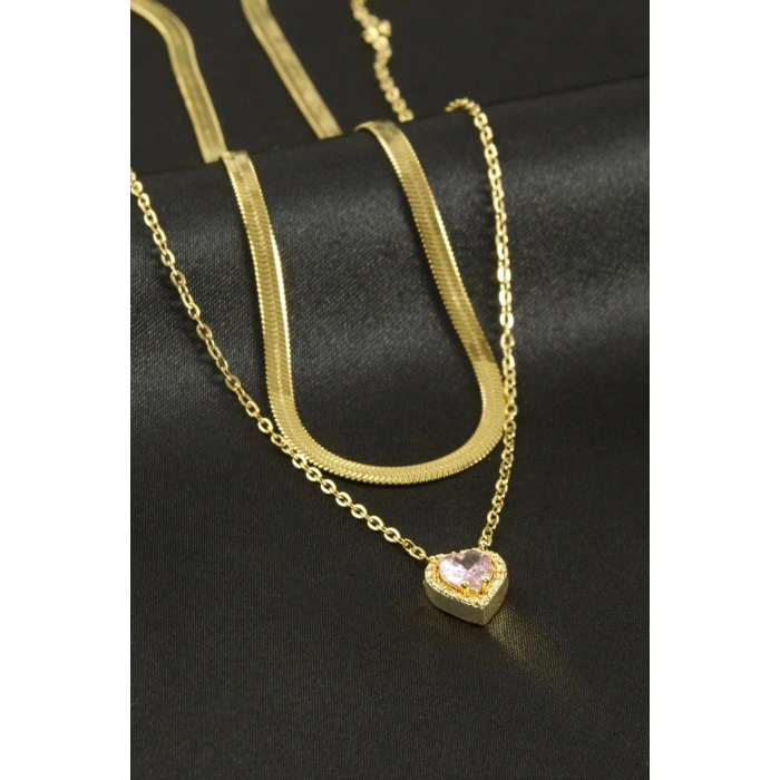 Kalp Zirkon Taşlı Çelik İkili Kolye