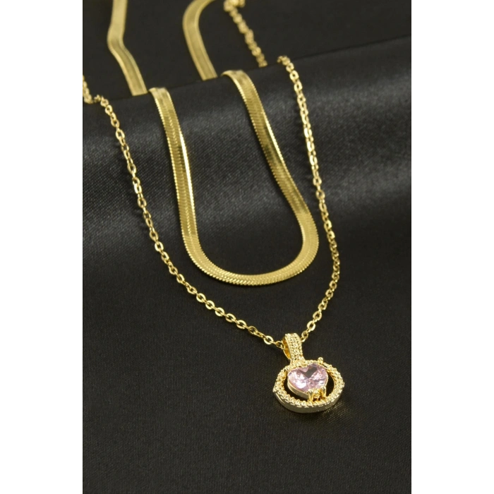 Kalp Zirkon Taşlı Çelik İkili Kolye