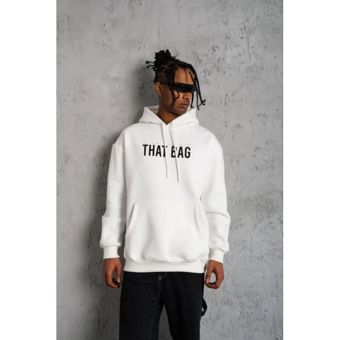 Kanguru Cep Baskılı Kapüşonlu Sweatshirt - Beyaz -