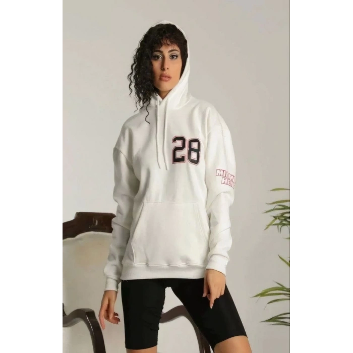 Kapşonlu Baskılı Sweetshirt - Beyaz