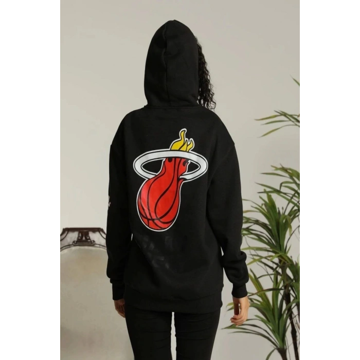 Kapşonlu Baskılı Sweetshirt - Siyah