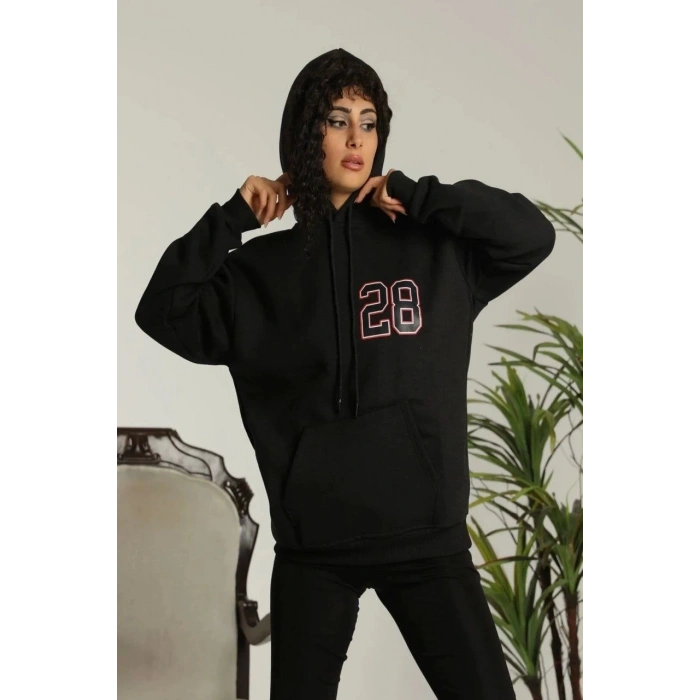 Kapşonlu Baskılı Sweetshirt - Siyah
