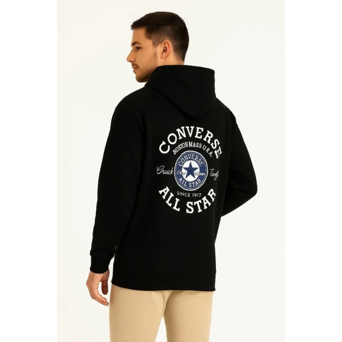Kapşonlu Sweatshirt Ön  Arka Baskılı Siyah -