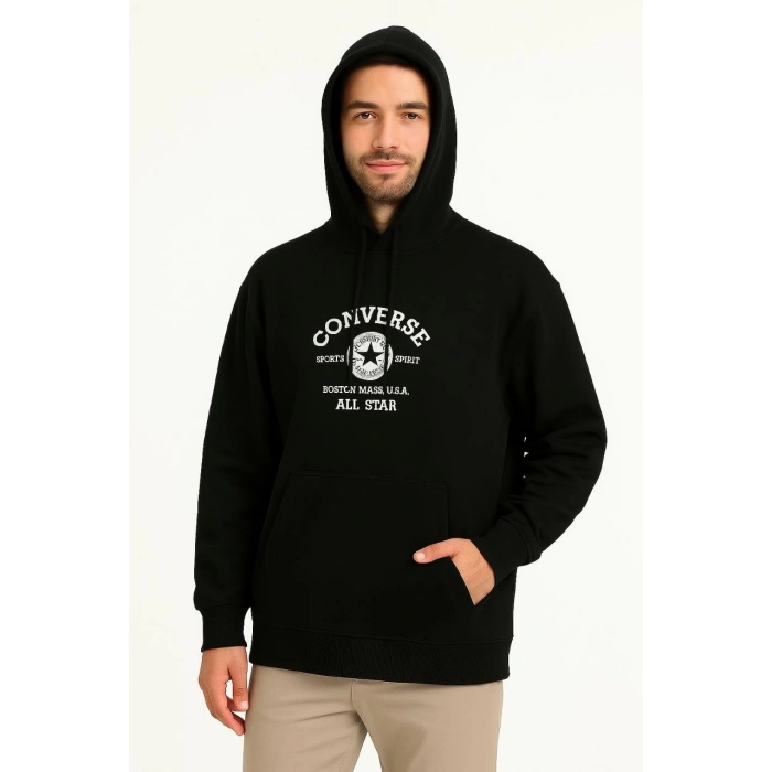 Kapşonlu Sweatshirt Ön  Arka Baskılı Siyah -