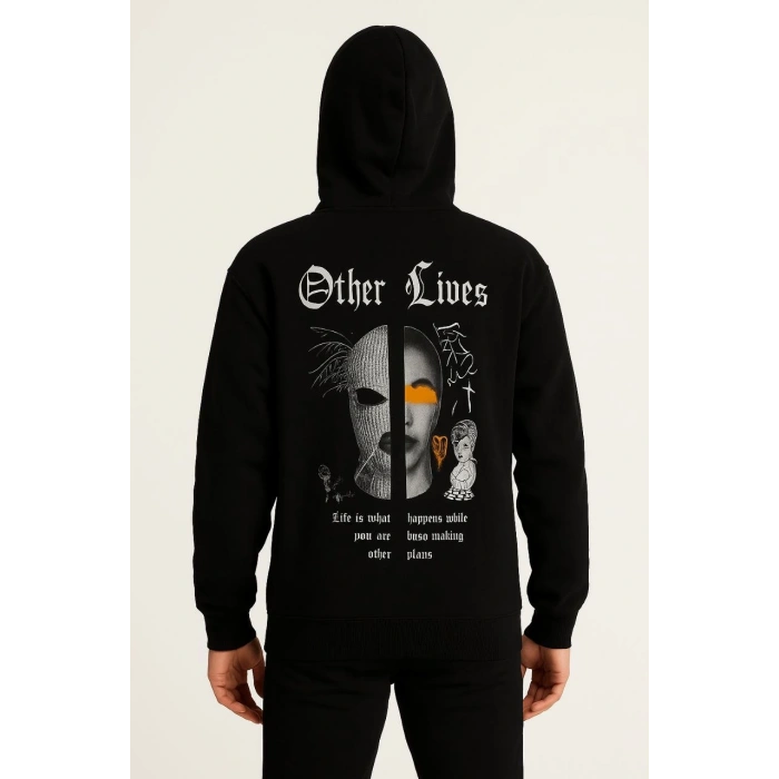 Kapşonlu Sweatshirt “Other Lives” Ön  Arka Baskılı - Siyah -