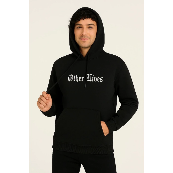 Kapşonlu Sweatshirt “Other Lives” Ön  Arka Baskılı - Siyah -