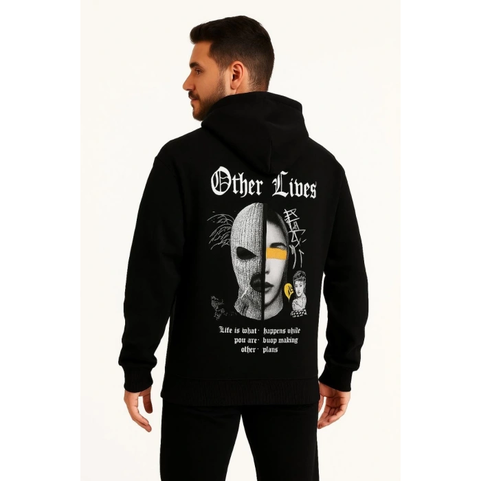 Kapşonlu Sweatshirt “Other Lives” Ön  Arka Baskılı - Siyah -