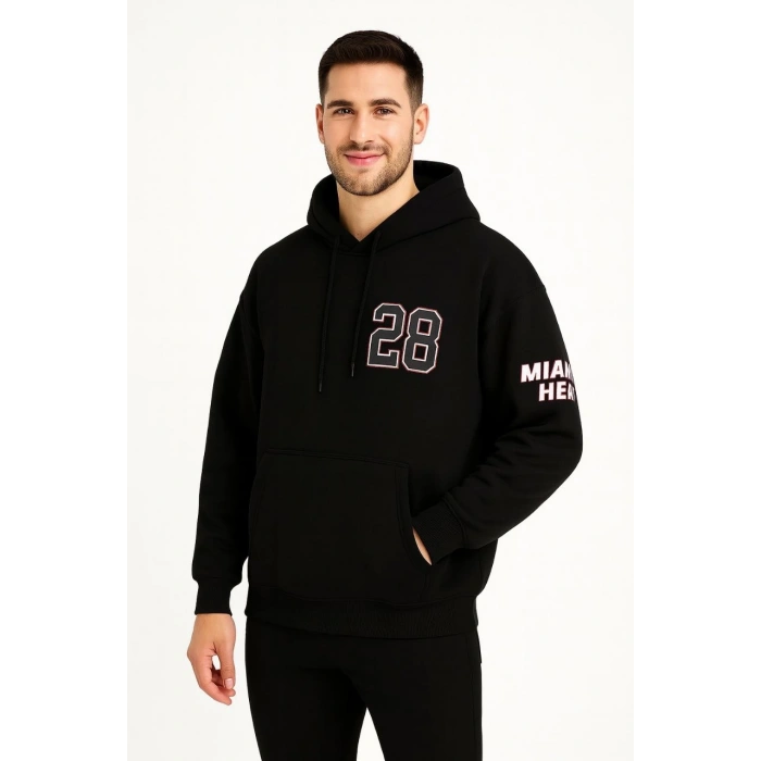 Kapşonlu Sweatshirt – Oversize Fit, Ön  Arka Baskılı,- Siyah -